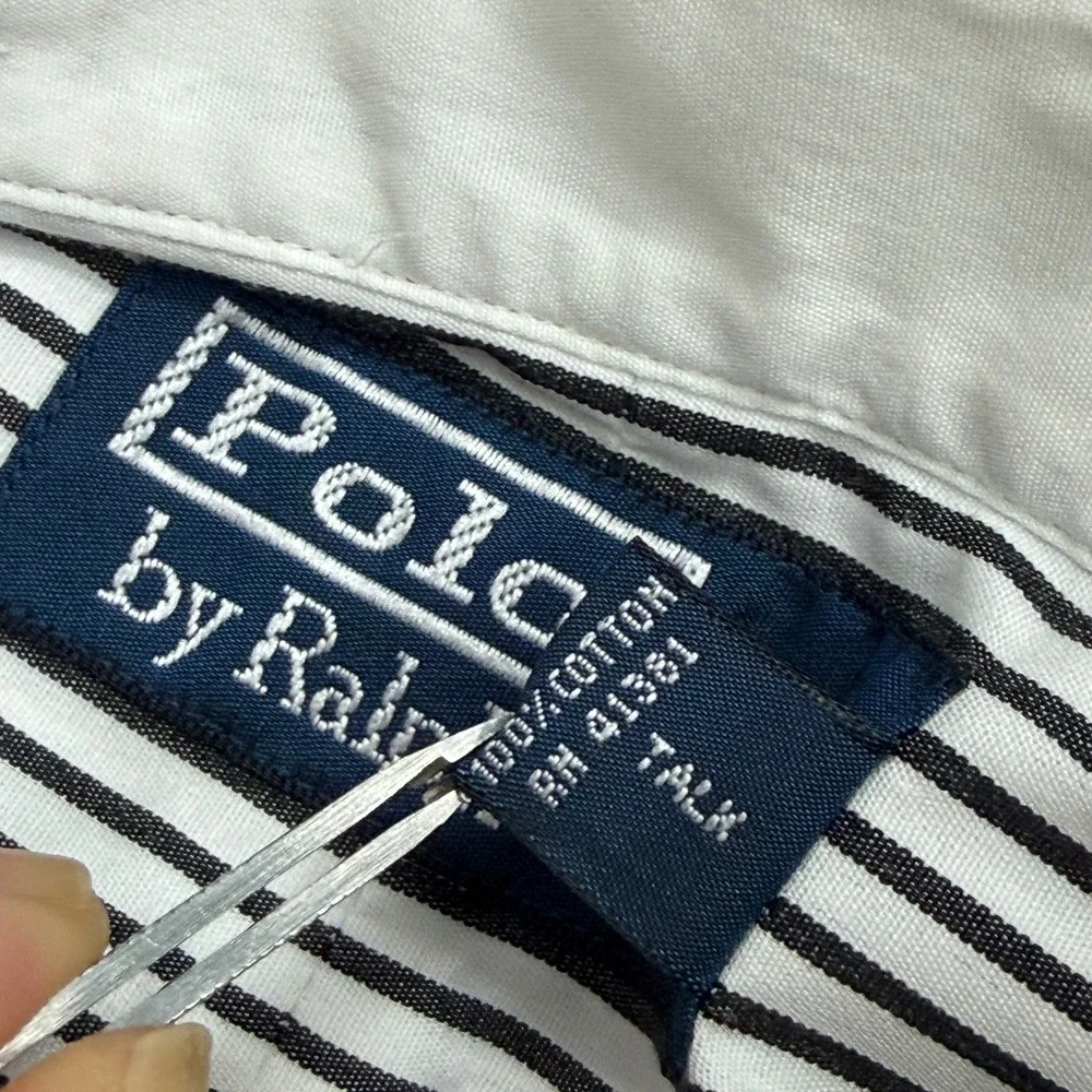 VTG Polo Ralph Lauren Shirt Mens Small Black White Pin Striped Peter Pan Collar